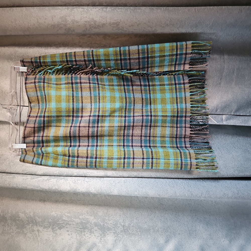 J. Jill Blue and Green Plain Fringed Faux Wrap Wool Blend Skirt - Size 10 - Picture 4 of 8